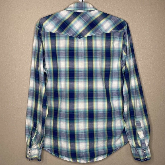 American Eagle Men’s Blue & White Plaid Cotton Vintage Fit Button-Up Shirt - Picture 4 of 9